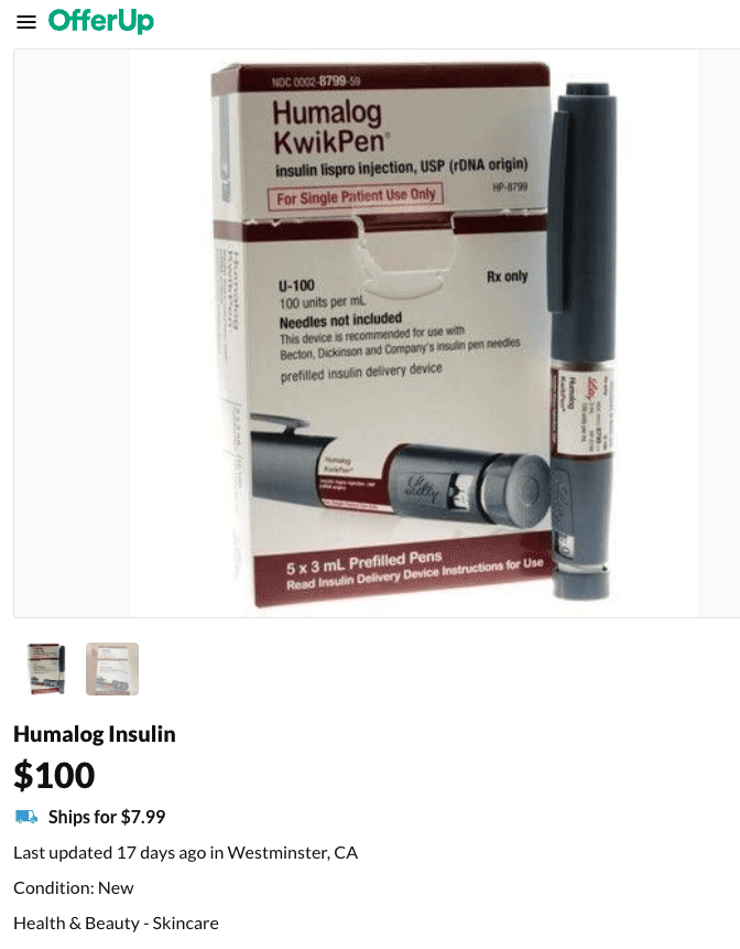 Screenshot of a post selling insulin on an app. (John Fredricks/The Epoch Times)