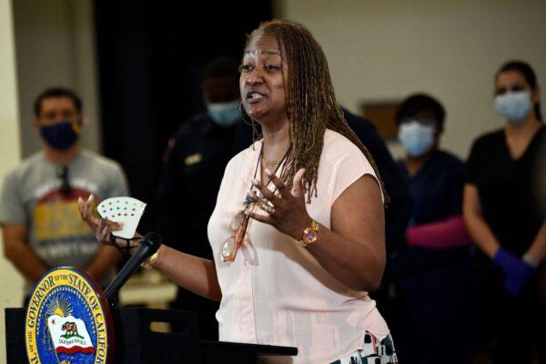 Holly Mitchell, a member of the Los Angeles County Board of Supervisors,<br/>speaks to the media in Los Angeles on April 1, 2021. (Patrick T. Fallon/AFP via Getty Images)