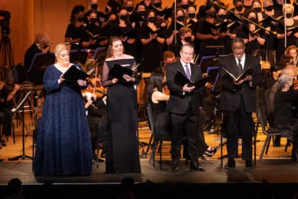 (L–R) Soloists Soprano Mathilda Edge, Mezzo-Soprano Kathleen Felty, Tenor Matthew Polenzani, and Bass-Baritone Eric Owens who performed in “Sir Andrew Davis Conducts Beethoven 9.” (Courtesy of Kyle Flubacker)