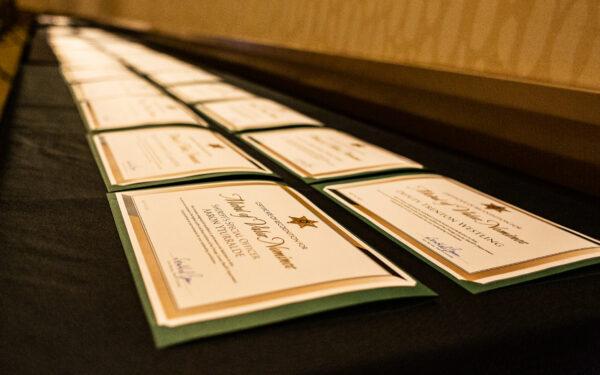 Awards for deputies of the Orange County Sheriff's Department sit on a table of the Hilton Hotel in Anaheim, Calif., on April 14, 2022. (John Fredricks/The Epoch Times)