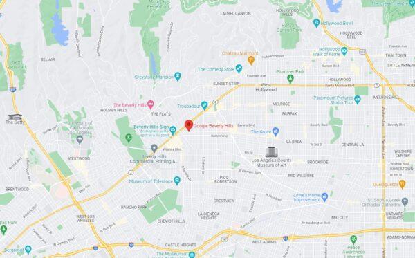 Map photo of the area with the zip code 90210 in Beverly Hills, Calif., in 2022. (Google Maps/Screenshot via The Epoch Times)