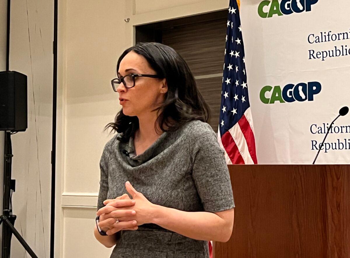 Chairwoman Jessica Patterson at the California Republican Party convention in Anaheim, Calif., on April 22, 2022. (Brad Jones/The Epoch Times)