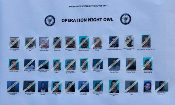 Federal and local authorities announced in Orange, Calif., on April 27, 2022, that 31 members and associates of the Mexican Mafia have been charged with racketeering, murder, and trafficking drugs and guns. (Brandon Drey/The Epoch Times)