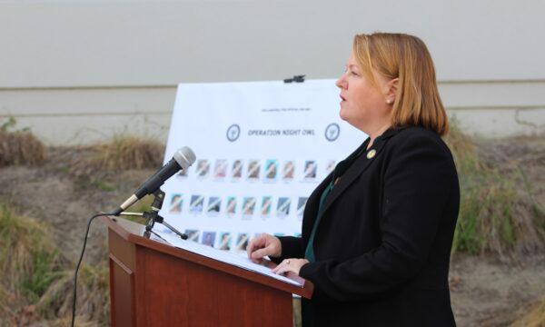 U.S. Attorney Tracy L. Wilkison speaks at a press conference to discuss federal indictments charging 31 members and associates of the Mexican Mafia in Orange, Calif., April 27, 2022. (Brandon Drey/The Epoch Times)