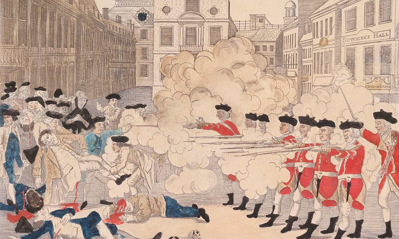 “The Bloody Massacre perpetrated in King Street Boston on March 5, 1770,” a copper engraving by Paul Revere modeled on a drawing by Henry Pelham, 1770. (Public Domain)