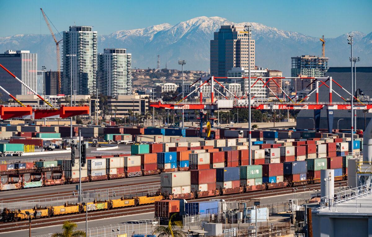 Cargo trains prepare for an eastward journey in Long Beach, Calif., on Jan. 11, 2022. (John Fredricks/The Epoch Times)