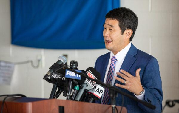 State Sen. Dave Min (D-Irvine) speaks at a press conference in Huntington Beach, Calif., on Oct. 6, 2021. (John Fredricks/The Epoch Times)