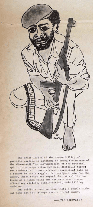 An illustration of an armed man with a quote from Marxist revolutionary Che Guevara is pictured in a Black Panthers newspaper. (Public Domain)