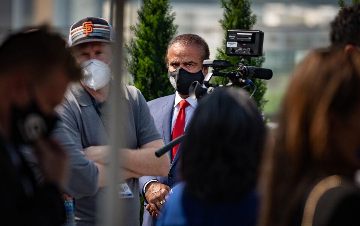 Mayor of Anaheim Harry Sidhu attends a press conference in Anaheim, Calif., on September 16, 2020. (John Fredricks/The Epoch Times)