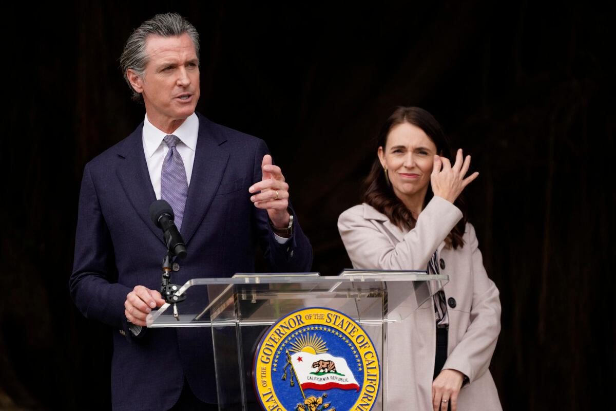 California Gov. Gavin Newsom and New Zealand Prime Minister Jacinda Ardern take questions after an event in San Francisco, Calif., on May 27, 2022. (Eric Risberg/AP Photo)