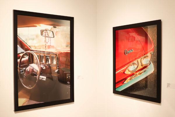 Santa Ana, Calif., photographer Aaron Moctezuma's works featuring vibrant custom cars are on display in the “Made in California” art exhibit at Brea Art Gallery in Brea, Calif., on May 26, 2022. (Julianne Foster/The Epoch Times)