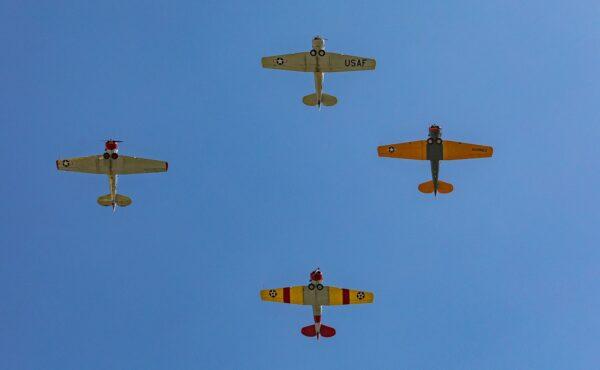 World War II fighter aircraft flyover at the annual Memorial Day Service at Fairhaven Memorial Park in Santa Ana, Calif., on May 30, 2022. (John Fredricks/The Epoch Times)