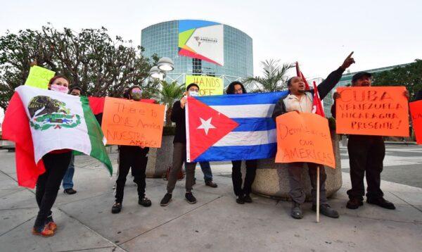 Activists in Los Angeles protest denouncing US President Joe Biden for excluding Cuba, Venezuela, and Nicaragua from the Summit of the Americas, on June 2, 2022. (Frederic J. Brown/AFP via Getty Images)
