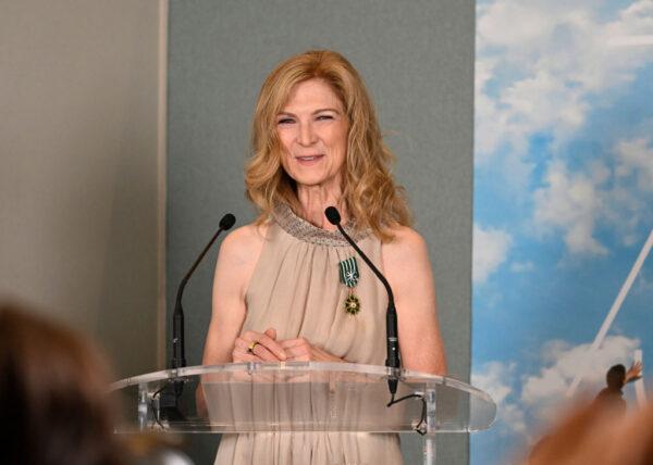 CEO of the Academy of Motion Pictures Arts and Science Dawn Hudson is awarded a medal during the 75th annual Cannes film festival at Palais des Festivals in Cannes, France on May 21, 2022. (Gareth Cattermole/Getty Images)