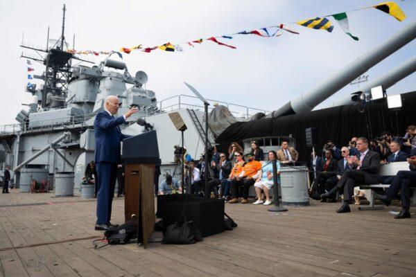 U.S. President Joe Biden delivers remarks aboard the Battleship USS Iowa Museum at the Port of Los Angeles in Los Angeles on June 10, 2022 (Mario Tama/Getty Images)