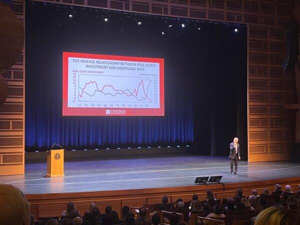 Jim Doti, president emeritus of Chapman University speaks at the Economic Forecast Update 2022 in Orange, Calif., on June 23, 2022. (Zach Li/The Epoch Times)