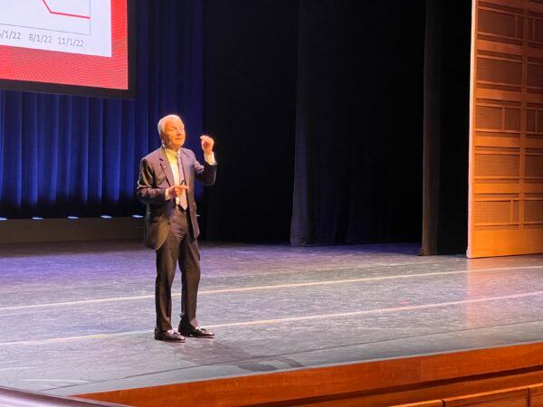 Jim Doti, president emeritus of Chapman University speaks at the Economic Forecast Update 2022 in Orange, Calif., on June 23, 2022. (Zach Li/The Epoch Times)