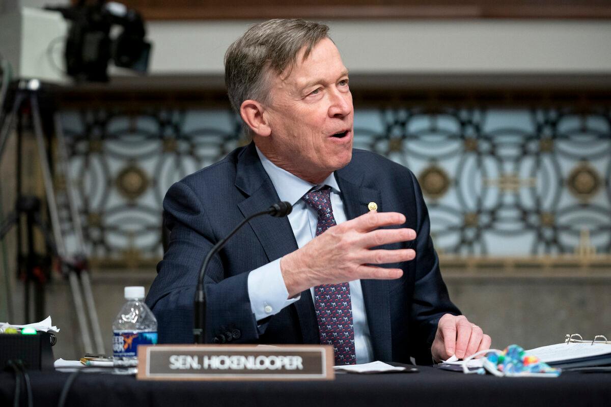 Sen. John Hickenlooper (D-Colo.) during a Senate committee hearing on Capitol Hill in Washington, on Jan. 11, 2022. (Greg Nash/Getty Images)