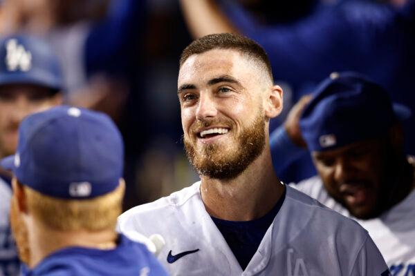 Cody Bellinger #35 of the Los Angeles Dodgers celebrates with teammates after hitting a grand slam against the San Francisco Giants during the eighth inning at Dodger Stadium, in Los Angeles, on July 22, 2022. (Michael Owens/Getty Images)