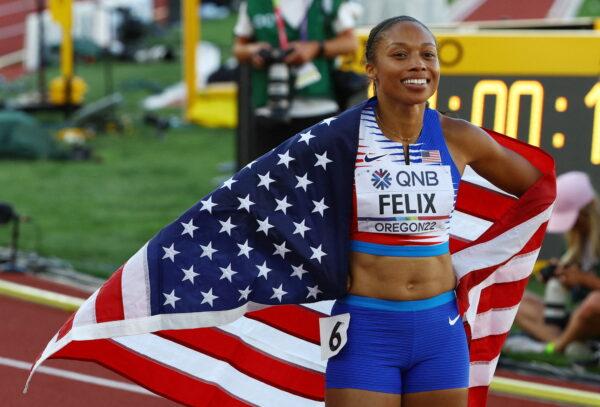 Allyson Felix reacts after winning bronze in the 4x400-meter mixed relay at the World Athletics Championships in Eugene, Ore., on July 15, 2022. (Brian Snyder/Reuters)