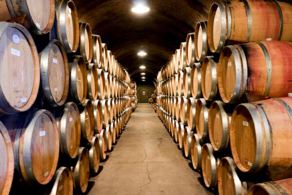 French oak barrels ferment wine at Castello di Amorosa in Calistoga, Calif., on July 30, 2022. (Cynthia Cai/NTD Television)