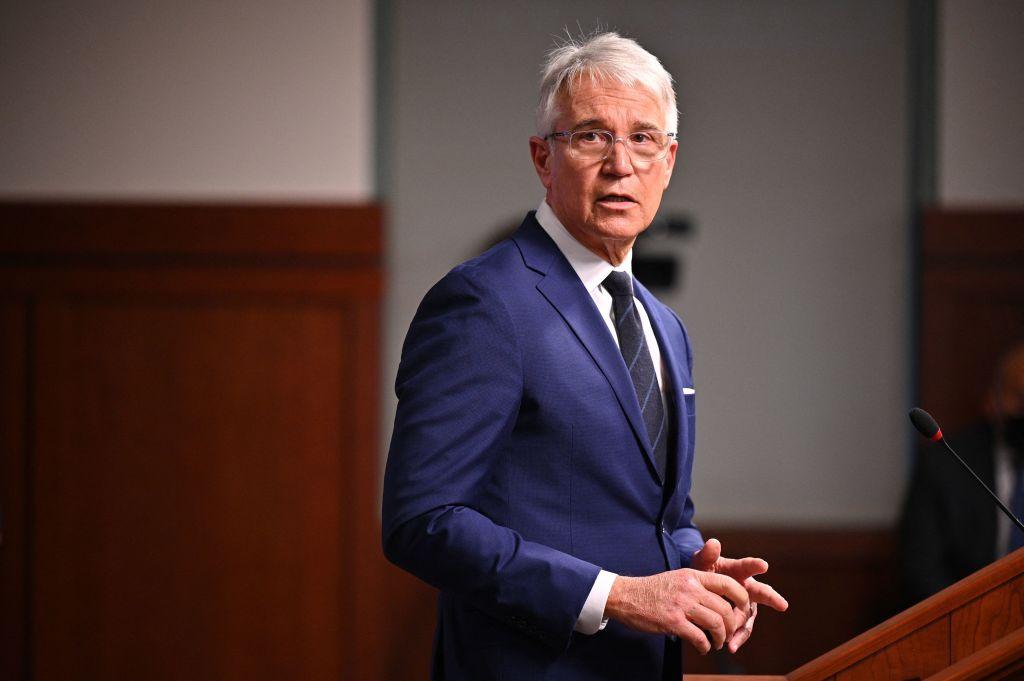 Los Angeles County District Attorney George Gascón speaks at a press conference in Los Angeles, on Dec. 8, 2021. (Robyn Beck/AFP via Getty Images)