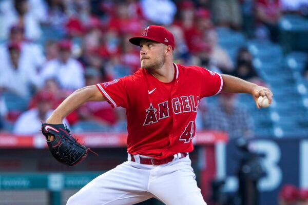 Los Angeles Angels starting pitcher Reid Detmers throws to a Minnesota Twins batter during the first inning of a baseball game in Anaheim, Calif., on Aug. 13, 2022. (Alex Gallardo/AP Photo)