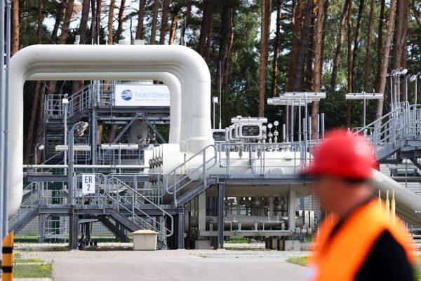 A view toward Nord Stream 1 Baltic Sea pipeline and the transfer station of the Baltic Sea Pipeline Link in the industrial area of Lubmin, Germany, on Aug. 30, 2022. (Lisi Niesner/Reuters)