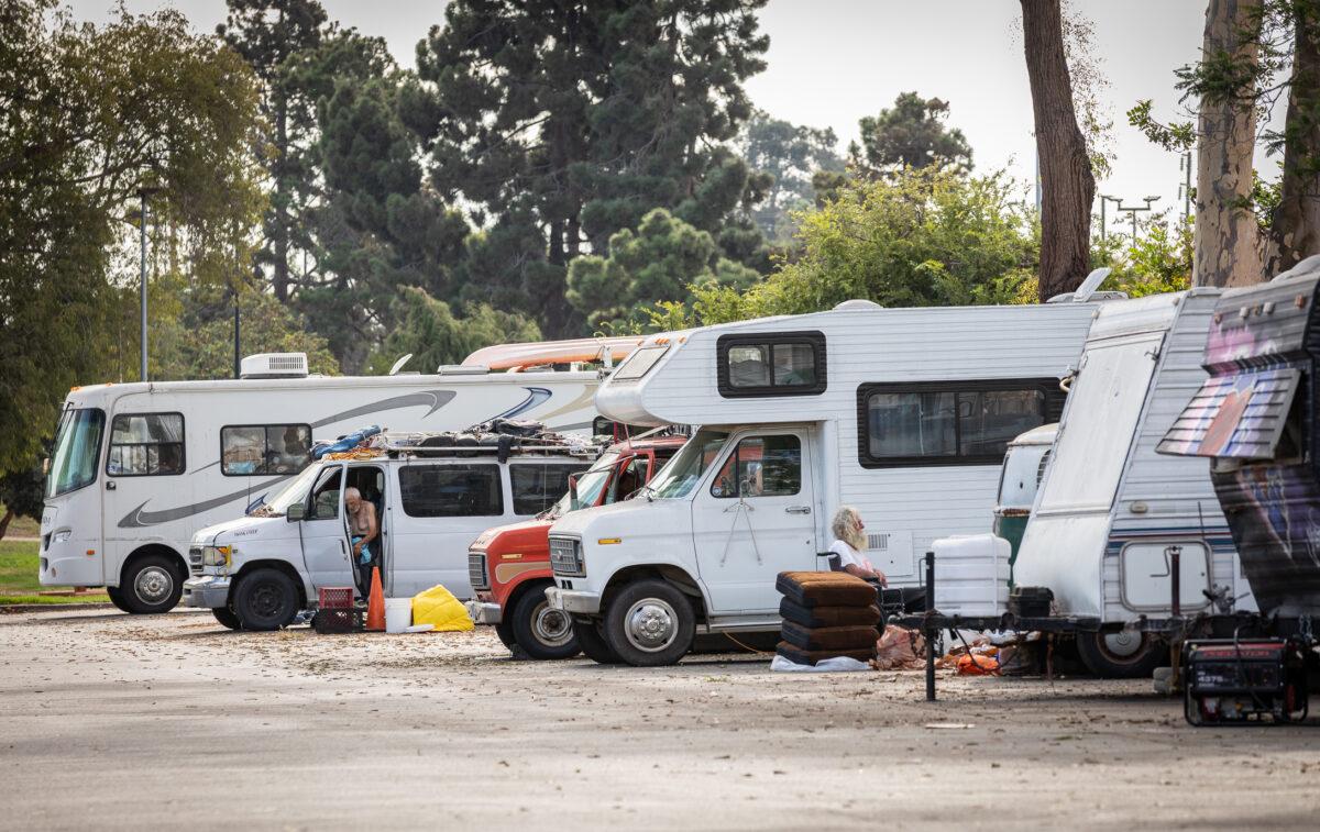 A homeless RV encampment in front of a Los Angeles County "Cooling Center" site in Westchester, Calif., on Sept. 4, 2022. (John Fredricks/The Epoch Times)