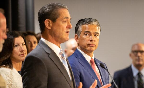 California Attorney General Rob Bonta speaks about last years Huntington Beach oilsill investigation At the district attorney building in Santa Ana, Calif., on Sept. 8, 2022. (John Fredricks/The Epoch Times)