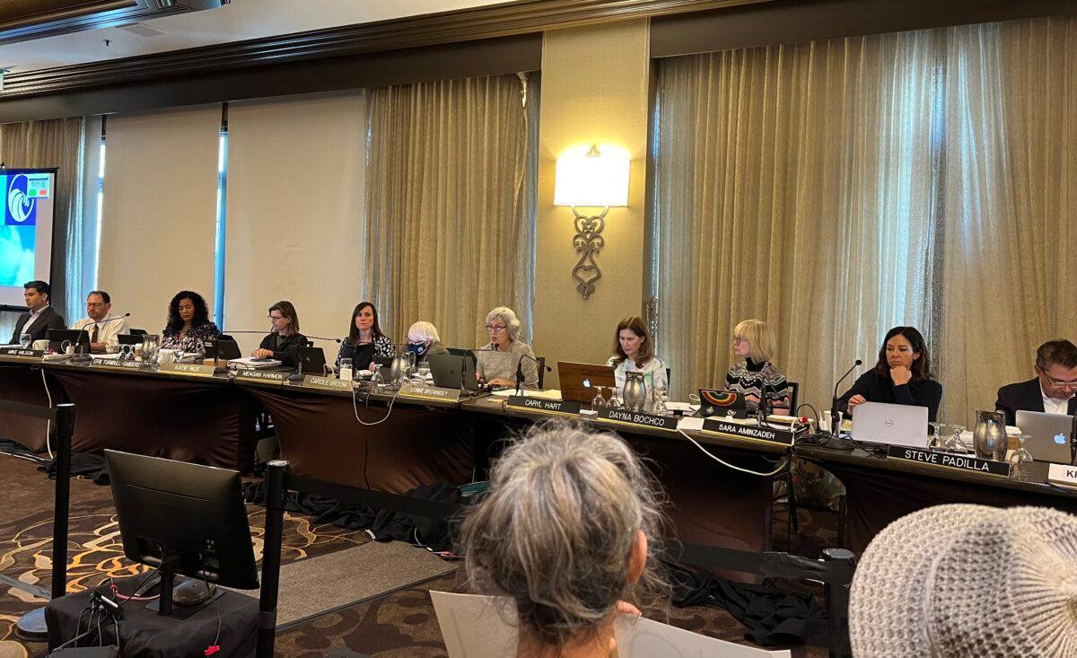 The California Coastal Commission unanimously rejected the Poseidon desalination project in Huntington Beach at the Hilton Hotel in Costa Mesa, Calif., on May 12, 2022. (Drew Van Voorhis/The Epoch Times)