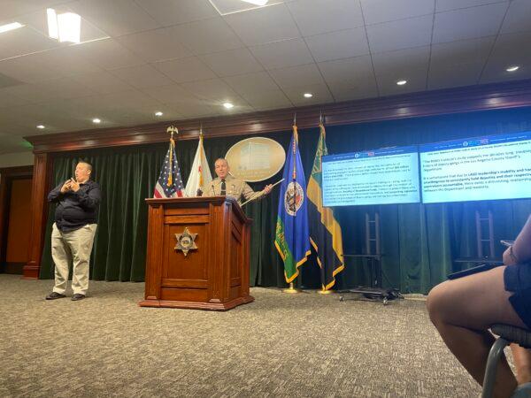 Los Angeles County Sheriff Alex Villanueva speaks at a press conference in Los Angeles on Sept. 22, 2021. (Alice Sun/The Epoch Times)