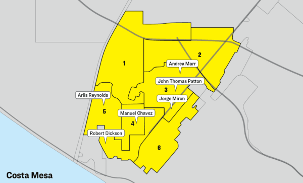 An illustration of the Costa Mesa City Council 2022 Nov. 8 election candidate map. (Jussy Chiang/The Epoch Times)