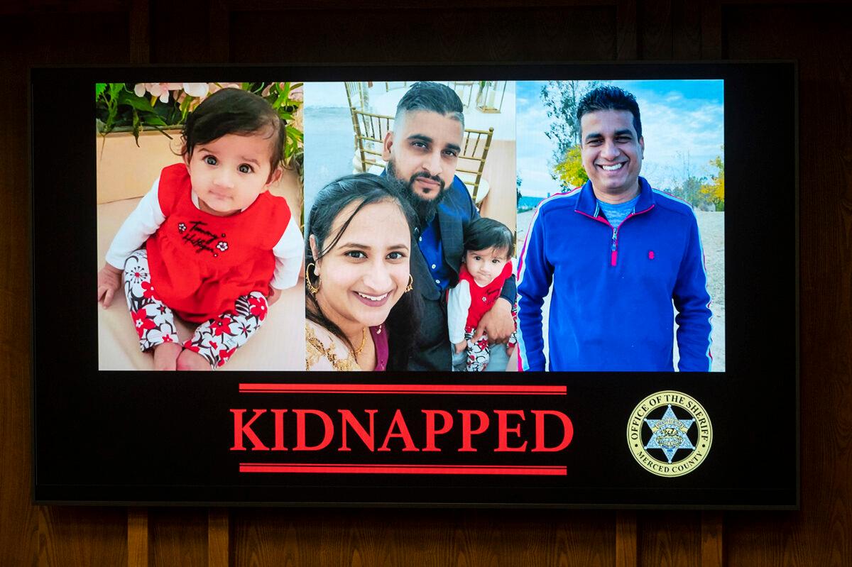 Images of 8-month-old Aroohi Dheri (L) with her mother Jasleen Kaur, her father Jasdeep Singh, and her uncle Amandeep Singh, at a news conference in Merced, Calif., on Oct. 5, 2022. (Andrew Kuhn/The Merced Sun-Star via AP)