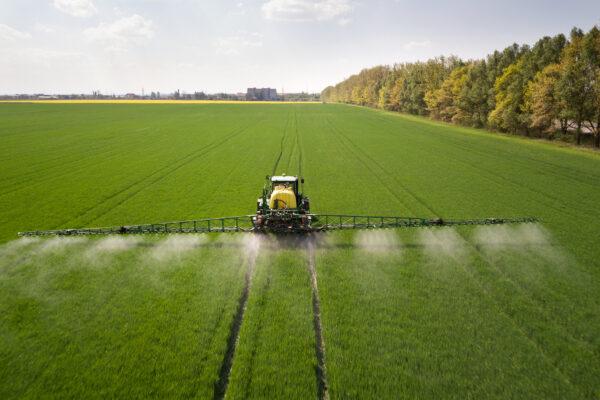 A film still from the documentary "Children of the Vine" of a tractor spraying chemical pesticides on a large green agricultural field in spring. (bilanol/Children of the Vine)