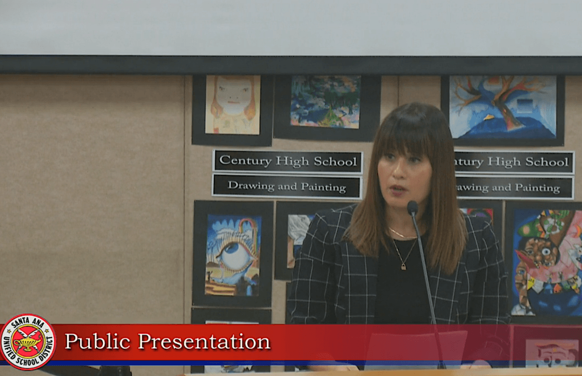 Brianna Cota, a middle school teacher, parent, and pastor, speaks to Santa Ana Unified School District (SAUSD) trustees at a board meeting in Santa Ana, Calif., on Oct. 11, 2022. (Screenshot via SAUSD)
