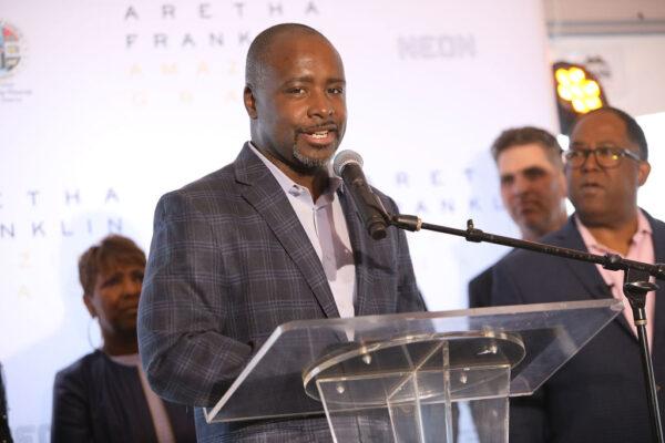 Los Angeles County Councilmember Marqueece Harris-Dawson speaks onstage at an event at the New Temple Missionary Baptist Church in Los Angeles on March 31, 2019. (Rachel Murray/Getty Images for NEON)