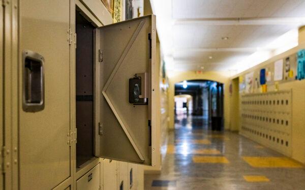 A opened locker at a high school in Calif., on July 28, 2020. (John Fredricks/The Epoch Times)