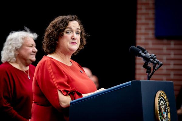 Rep. Katie Porter (D-Calif.) speaks in Irvine, Calif., on Oct. 14, 2022. (John Fredricks/The Epoch Times)