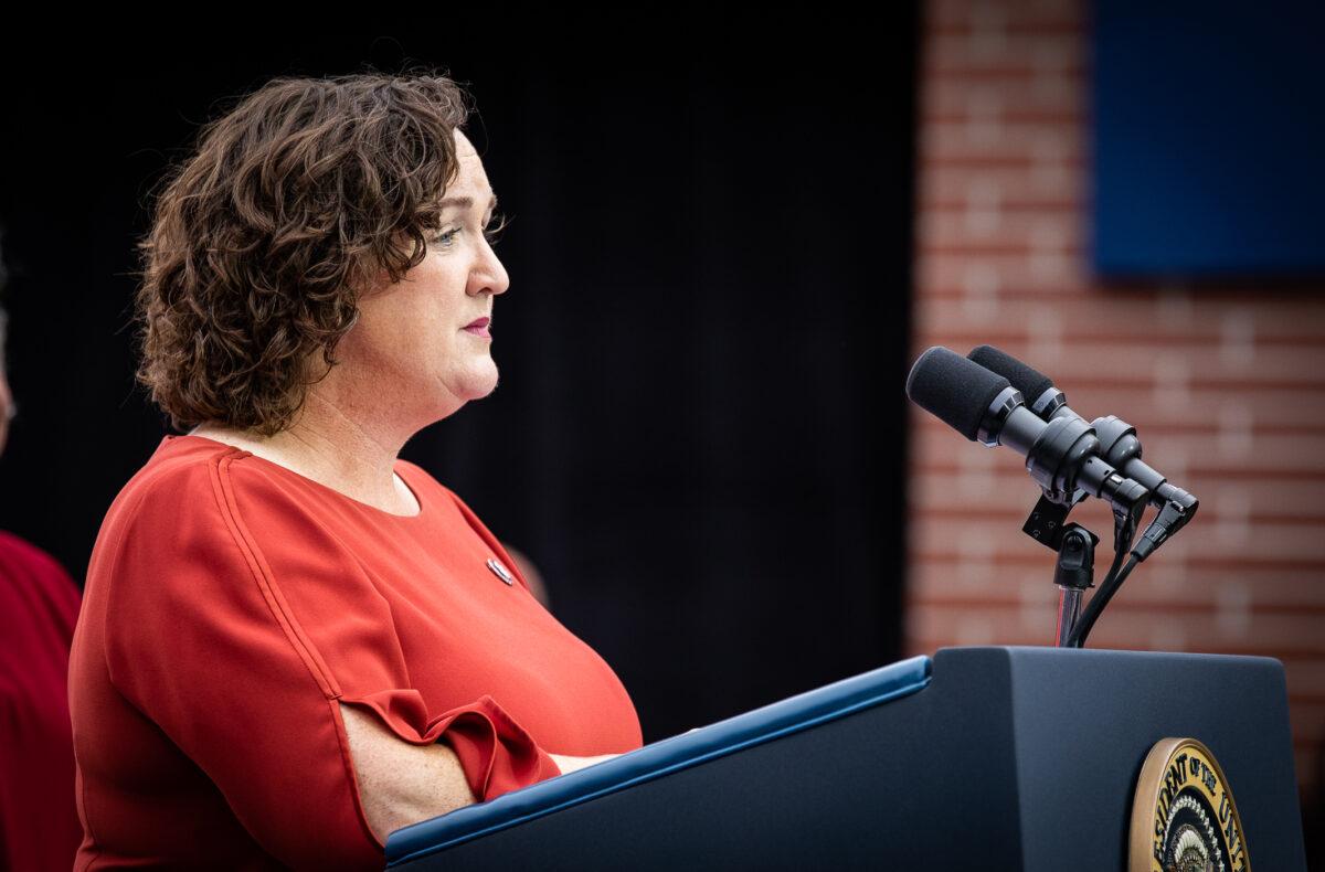 Congresswoman Katie Porter (D-CA) speaks in Irvine, Calif., on Oct. 14, 2022. (John Fredricks/The Epoch Times)