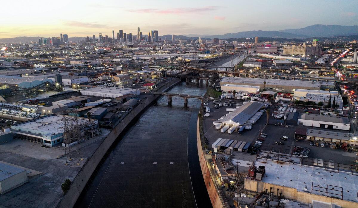 In an aerial view, the Los Angeles River flows near downtown Los Angeles in Vernon, Calif., on Feb. 3, 2022. (Mario Tama/Getty Images)