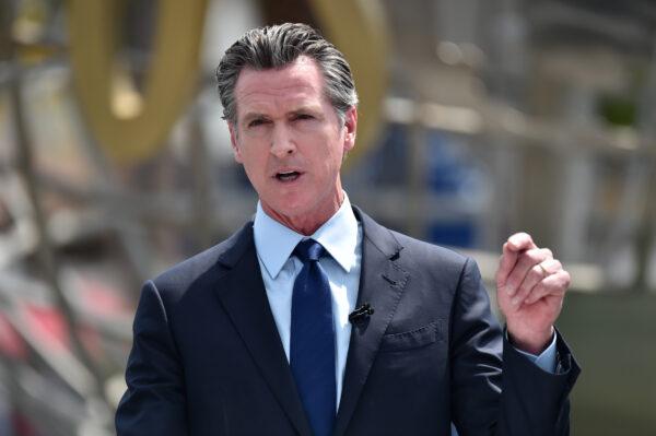California Gov. Gavin Newsom speaks at a press conference in Universal City, Calif., on June 15, 2021. (Alberto E. Rodriguez/Getty Images)