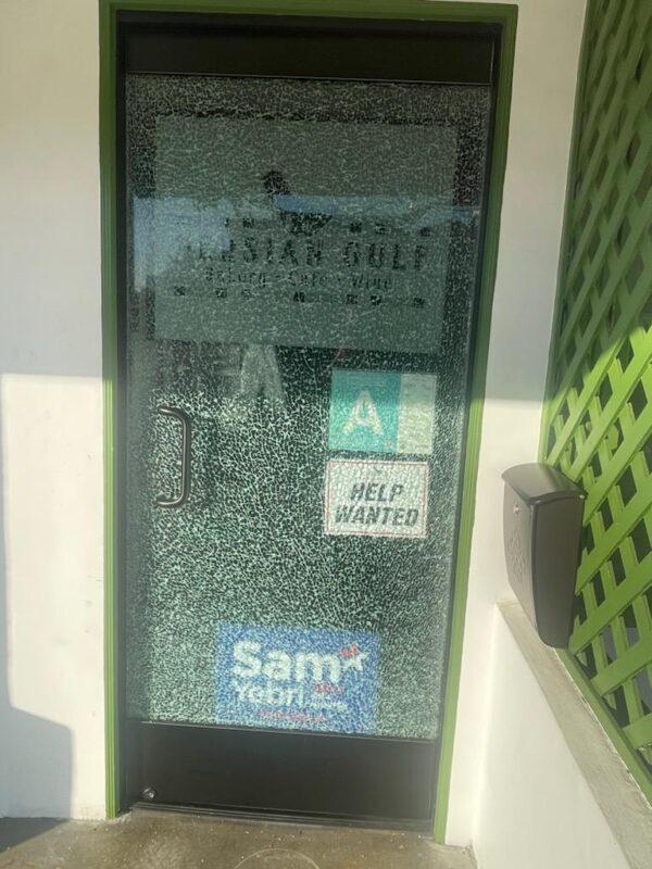 The Persian Gulf café in Westwood, Calif., was the target of vandalism on Oct. 18, 2022, after the owner, Roozbeh Farahanipour, set up a memorial in the restaurant honoring women who have been killed in Iran’s protests. (Courtesy of Roozbeh Farahanipour)