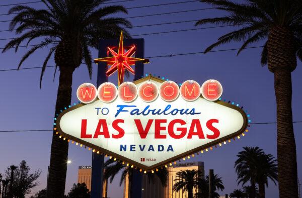 Lights flicker in the Welcome to Fabulous Las Vegas sign on the Las Vegas Strip in Las Vegas on Feb. 28, 2022. (Ethan Miller/Getty Images)