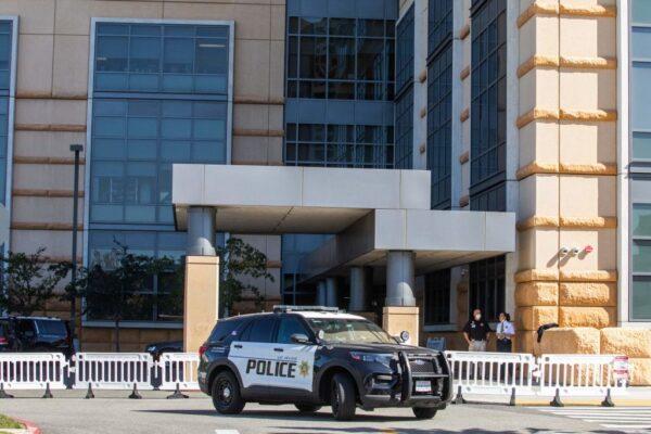 A police car is seen outside the University of California–Irvine (UC Irvine) Medical Center in Orange, Calif., Oct. 15, 2021. (Apu Gomes/AFP via Getty Images)
