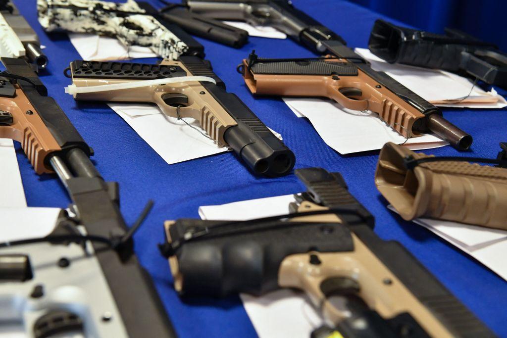 "Ghost guns" seized in federal law enforcement actions are displayed in a file photo at the Bureau of Alcohol, Tobacco, Firearms, and Explosives (ATF) field office in Glendale, Calif., on April 18, 2022. (Robyn Beck/AFP via Getty Images)