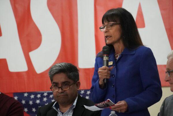 Santa Ana City Council Ward 2 candidate Nelida Mendoza speaks at Ebell Club in Santa Ana, Calif., on Nov. 2, 2022. (Rudy Blalock/The Epoch Times)