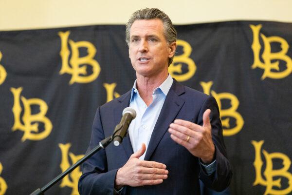California Gov. Gavin Newsom speaks at California State University–Long Beach, in Long Beach, Calif., on March 3, 2021. (John Fredricks/The Epoch Times)