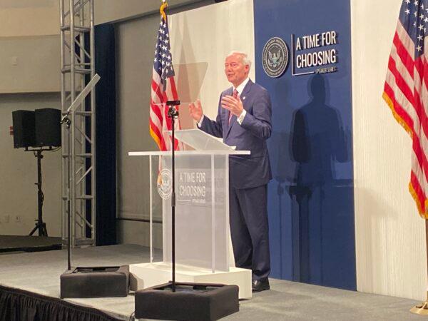 Arkansas Gov. Asa Hutchinson speaks at the Ronald Reagan Presidential Library in Simi Valley, Calif., on Nov. 30, 2022. (Jill McLaughlin/The Epoch Times)