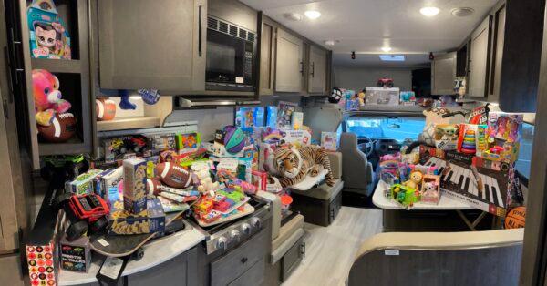 El Monte RV participates KABC's Stuff-a-Bus toy drive by Stuff-an-RV in Cerritos, Calif., on Dec. 9, 2022. (Courtesy of El Monte RV)